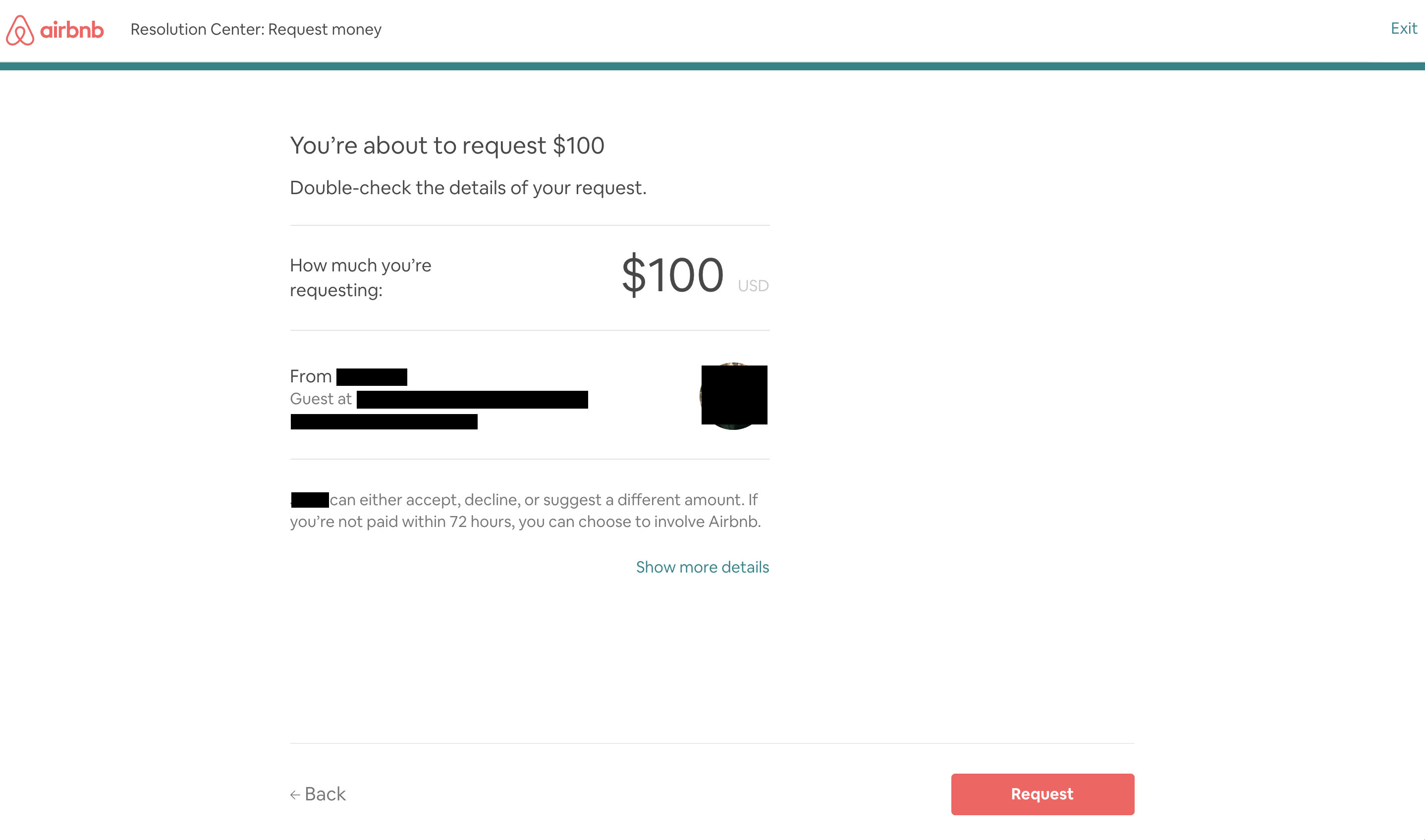 Example of requesting money from a guest via the Airbnb damage policy