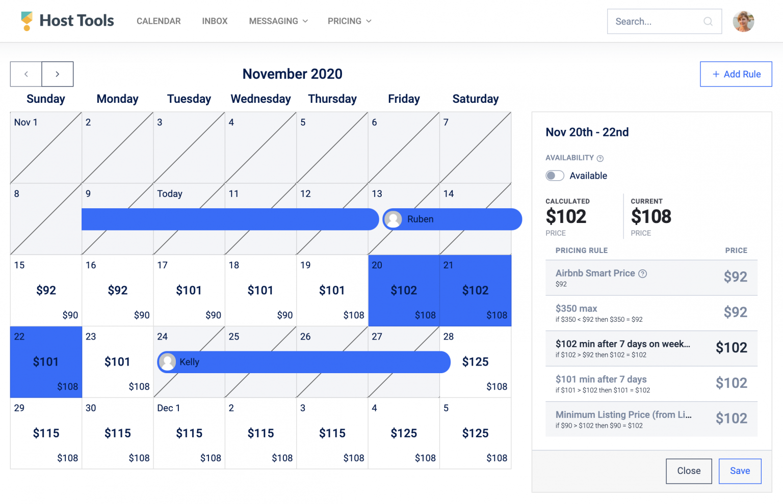 Example of Host Tools pricing calendar for airbnb property managers with multiple listings