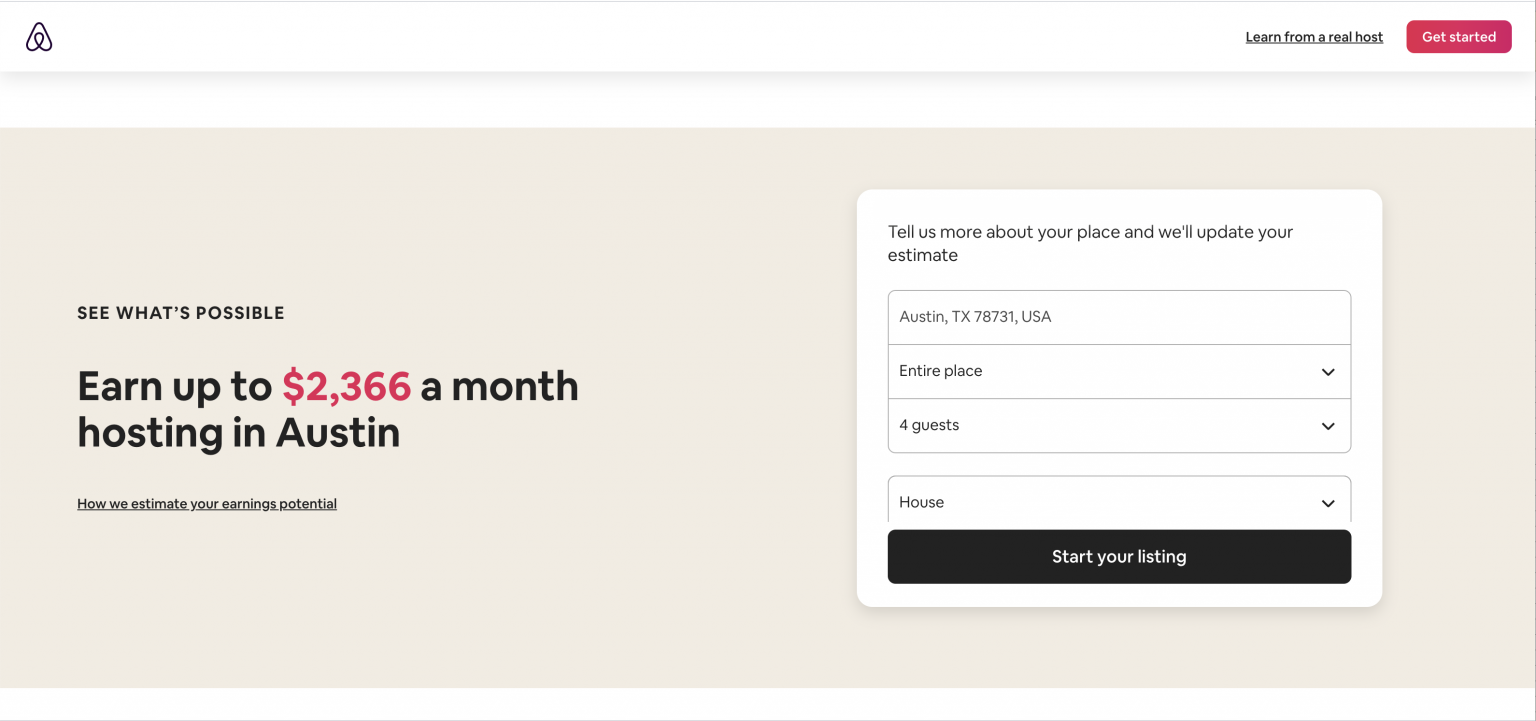 Image of an income calculator for airbnb hosts