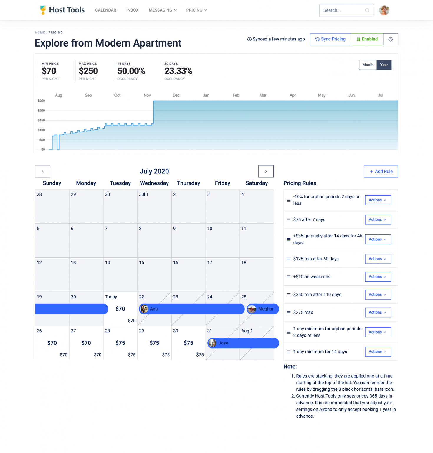 Screenshot of Host Tools pricing calendar