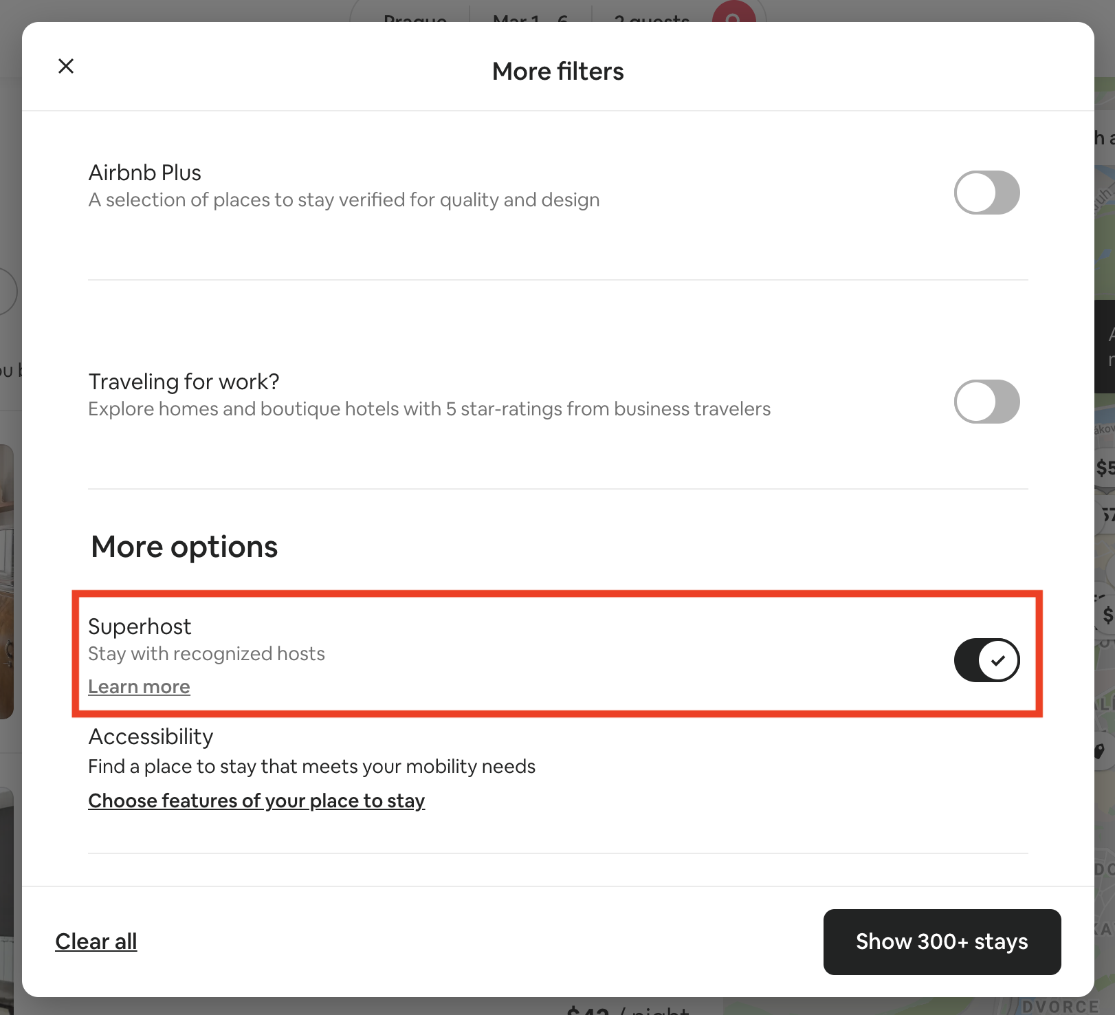 Screenshot showing the Airbnb Superhost search filter