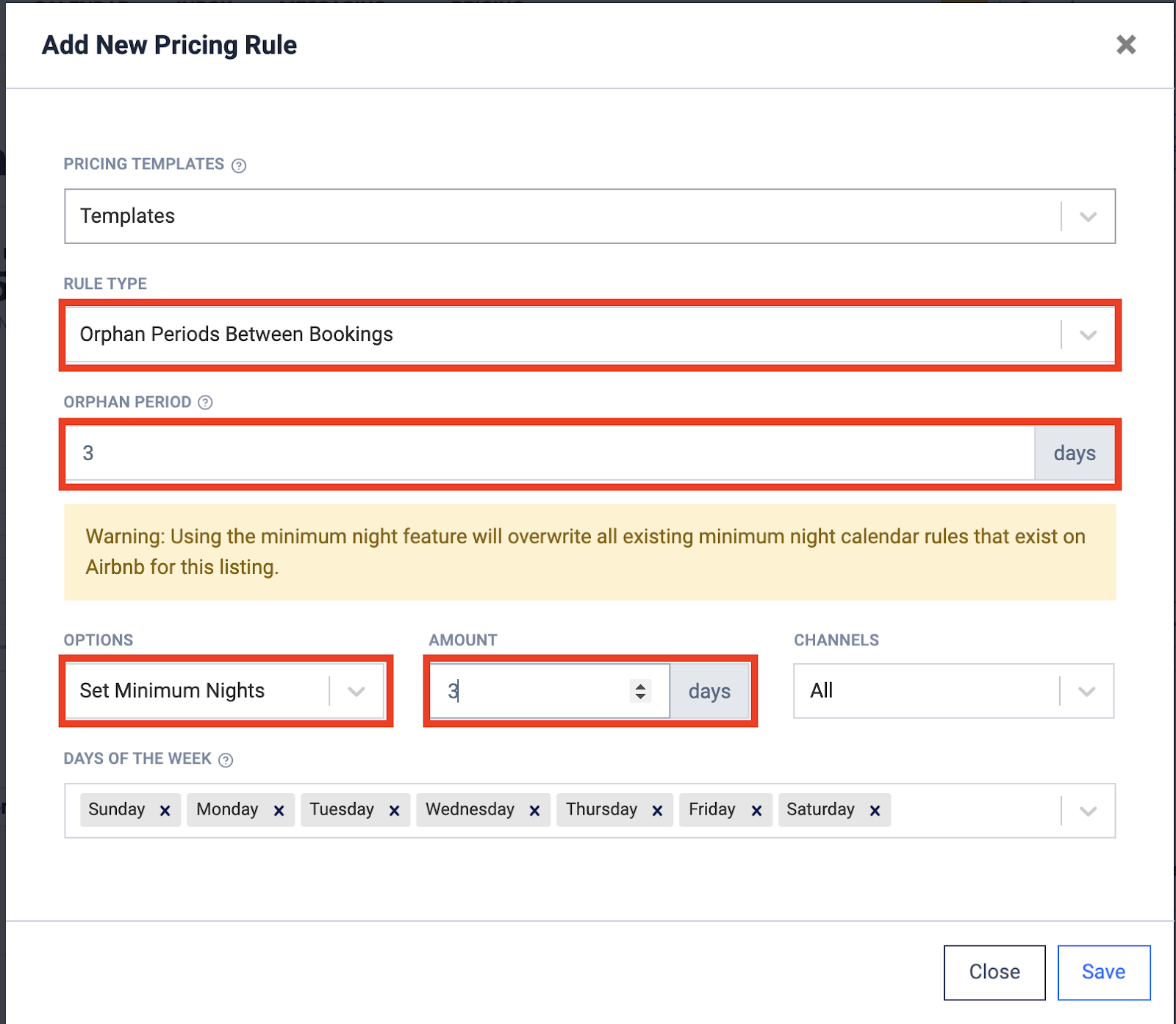 Setting up minimum night requirement around orphan periods