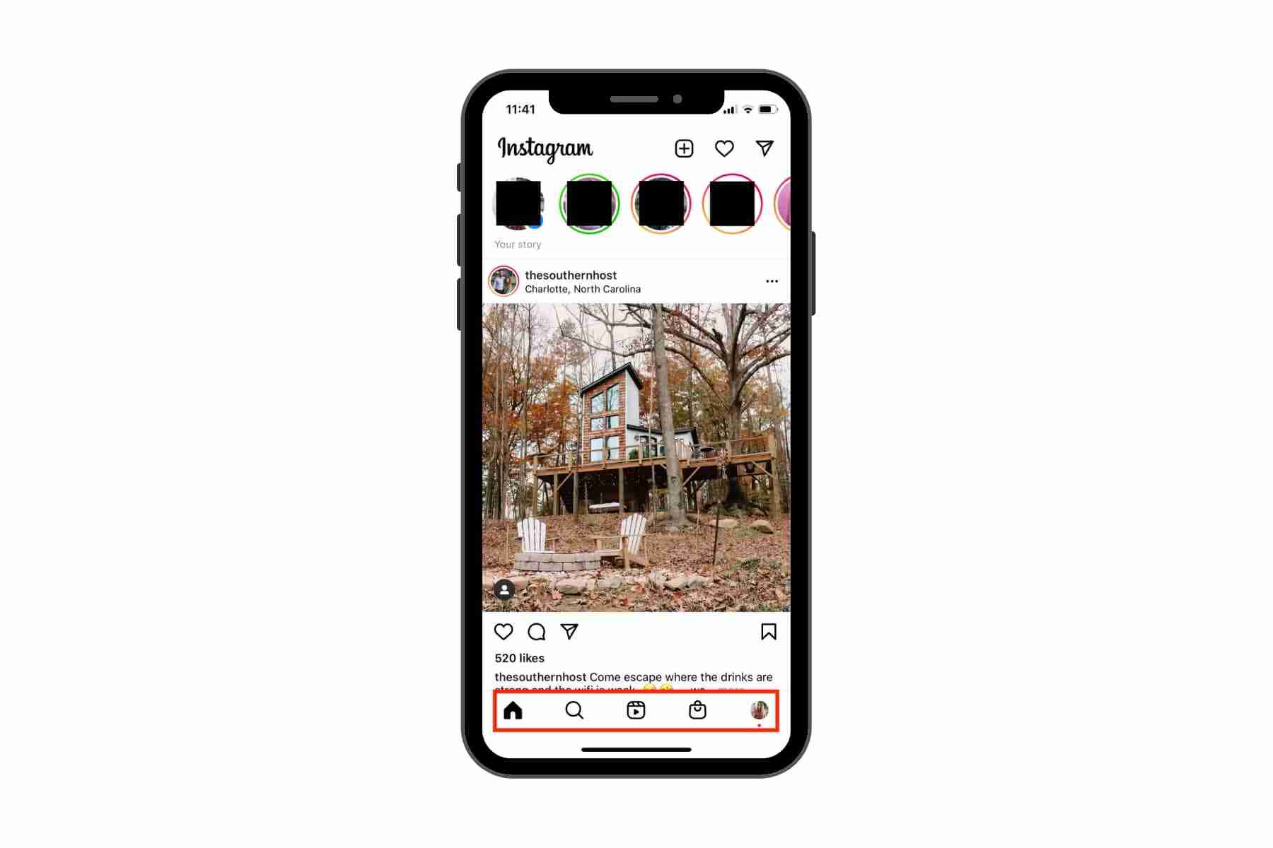 Screenshot showing where to access the home panel on Instagram