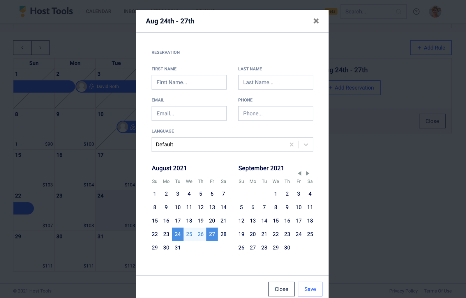 Select “Create Reservation” and complete the empty fields. If you are just blocking dates, you can write “blocked” as the guest’s name. 