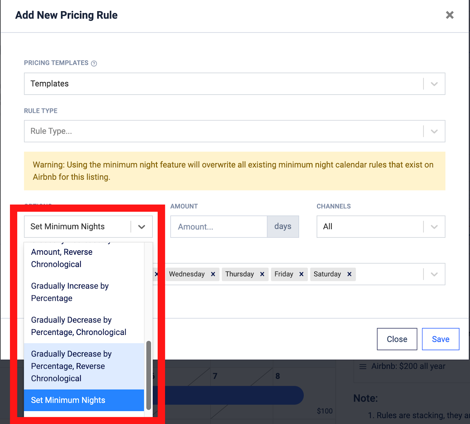 Under the “Options” tab of the pop-up, select “Set Min Nights” from the drop-down.