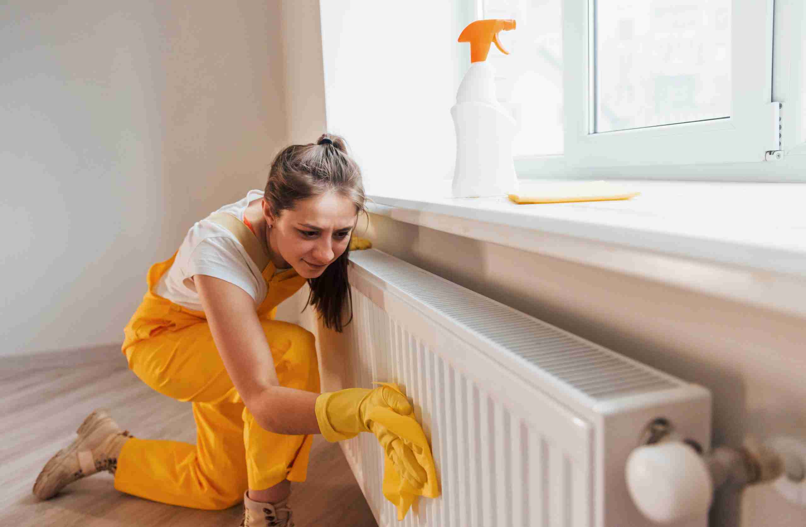 Woman in yellow uniform works with window and surface cleaner indoors. House renovation conception